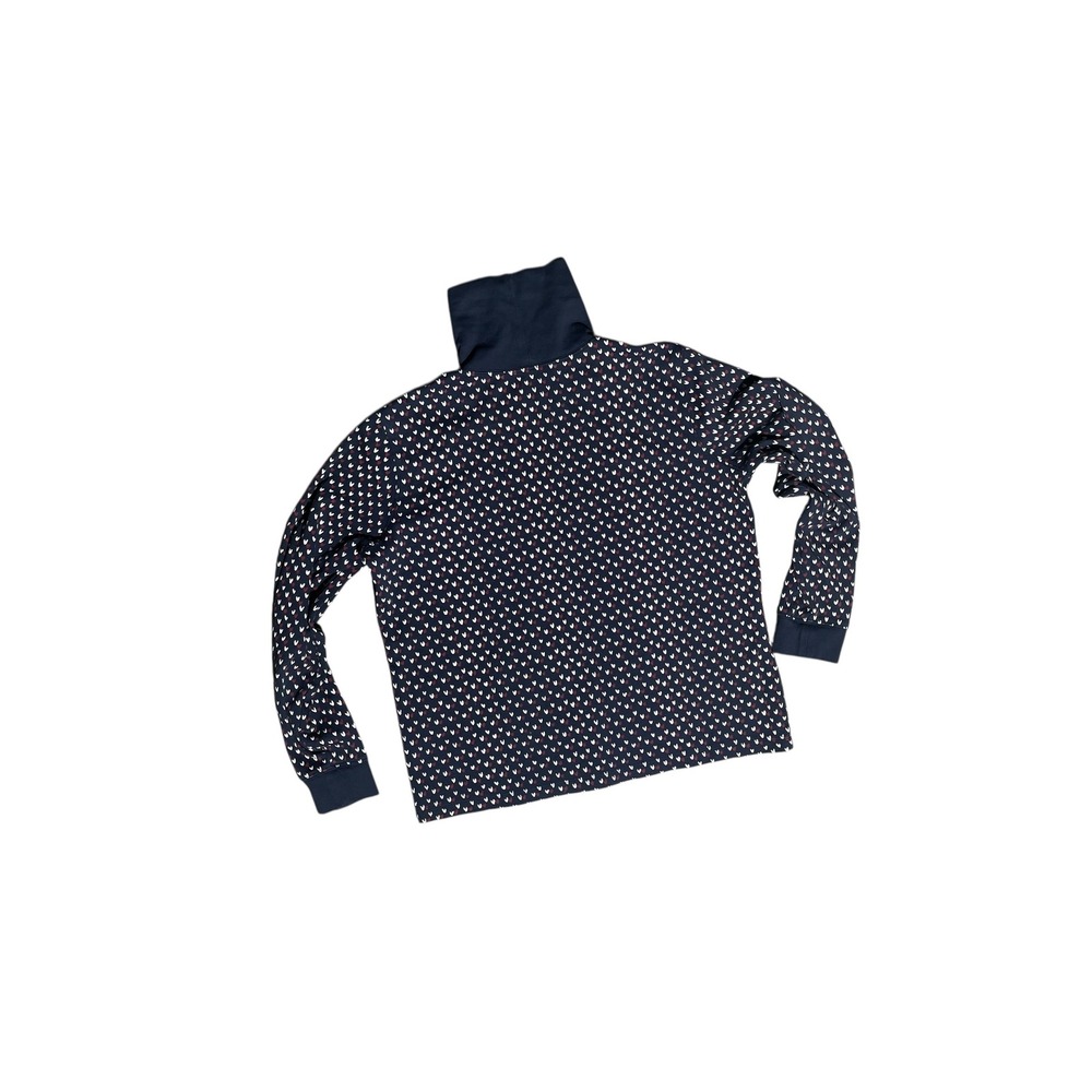 L.L.Bean Women's Turtleneck Top Long Sleeve Heart Print Cotton Blue Petite L
